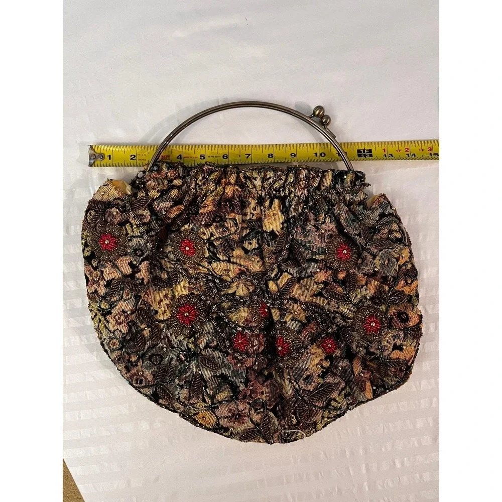 Vintage Floral Tapestry Kiss Lock Handbag Gold Beaded Chain Evening Purse OS